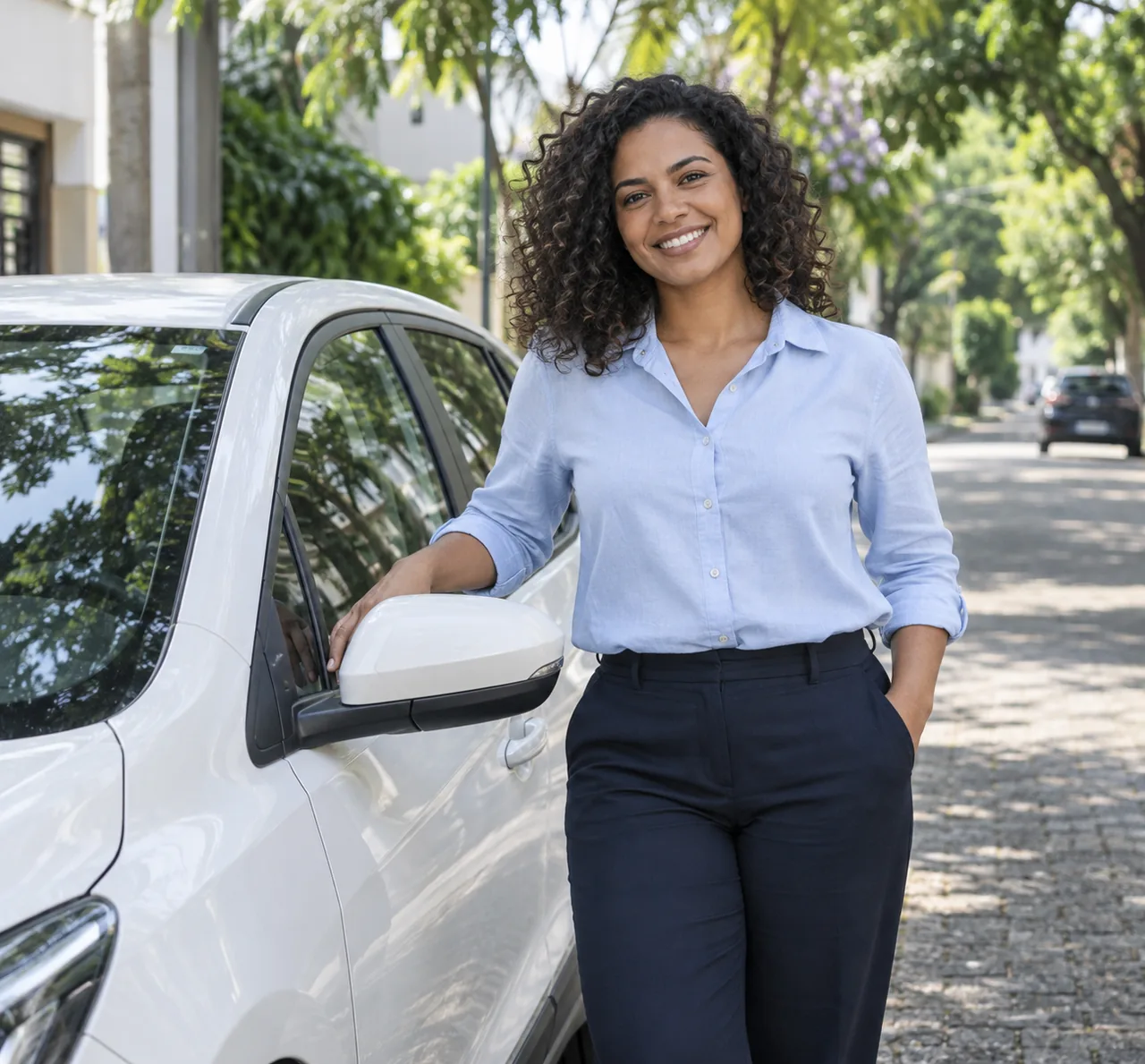 Mulher ao lado de um carro em uma rua arborizada.